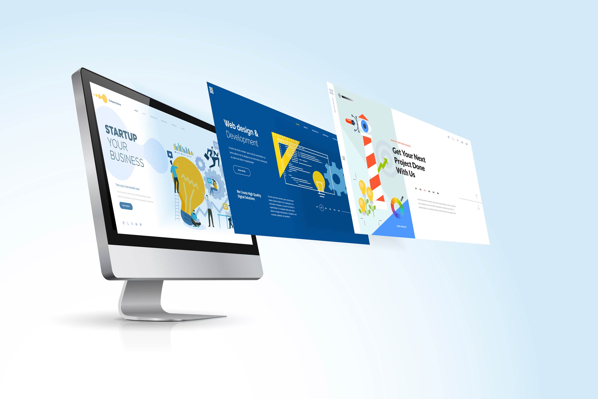 Web Design and Development Agency. Showing Info graphics of Web templates over a Imac.